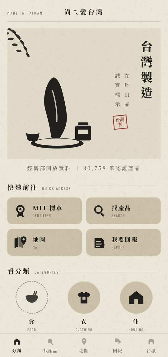 尚ㄟ愛台灣 App 分類首頁：台灣製造認證產品總覽